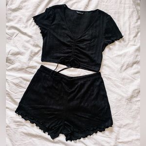 SHEIN Black Ribbed Ruched Crop Top & Shorts Lounge Set